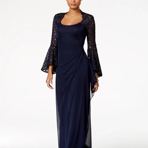 Xscape | Dresses | New X By Xscape Dark Navy Lace Bellsleeve Gown | Poshmark